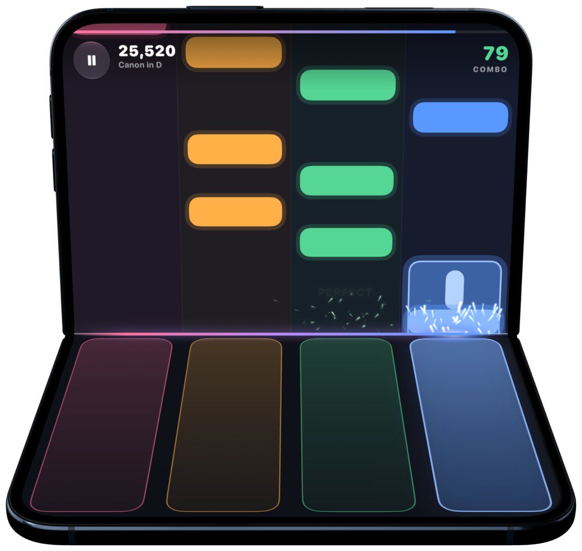 PianoDuo on the dark stage on an iPhone Duo folded like a laptop: tiles in four colours falling toward the strike line on the hinge, a blue hold sparking as it is played