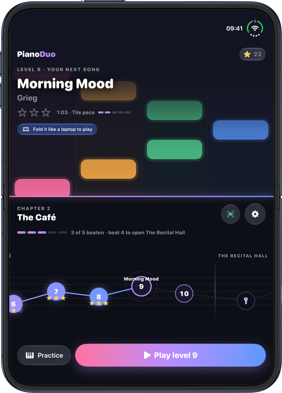 PianoDuo's Home on an iPhone Duo: Morning Mood by Grieg as the next song above, chapter 2, The Café, below, its levels as notes on a staff