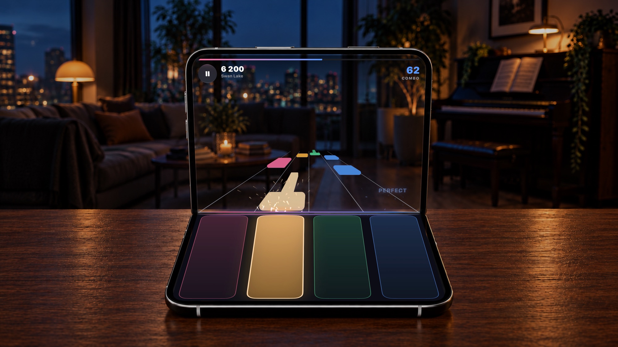 PianoDuo on an iPhone Duo folded like a laptop on a table at night: through the upright screen, coloured tiles flow across the living room toward four glowing pads on the lower half