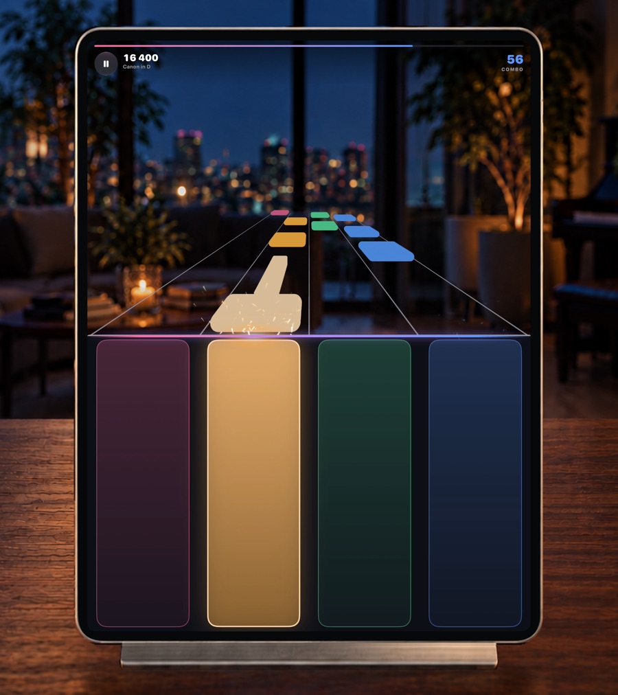 PianoDuo on an iPad at night, the tiles flowing through a lamplit room