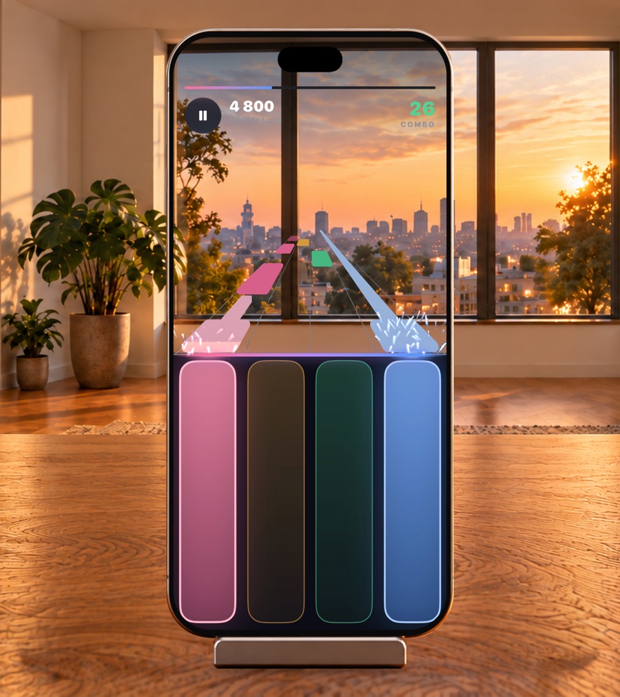 PianoDuo on an iPhone standing on a table, the tiles flowing through a sunset room