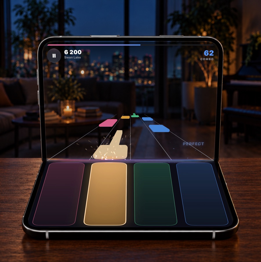 The tiles flowing through a lamplit living room at night