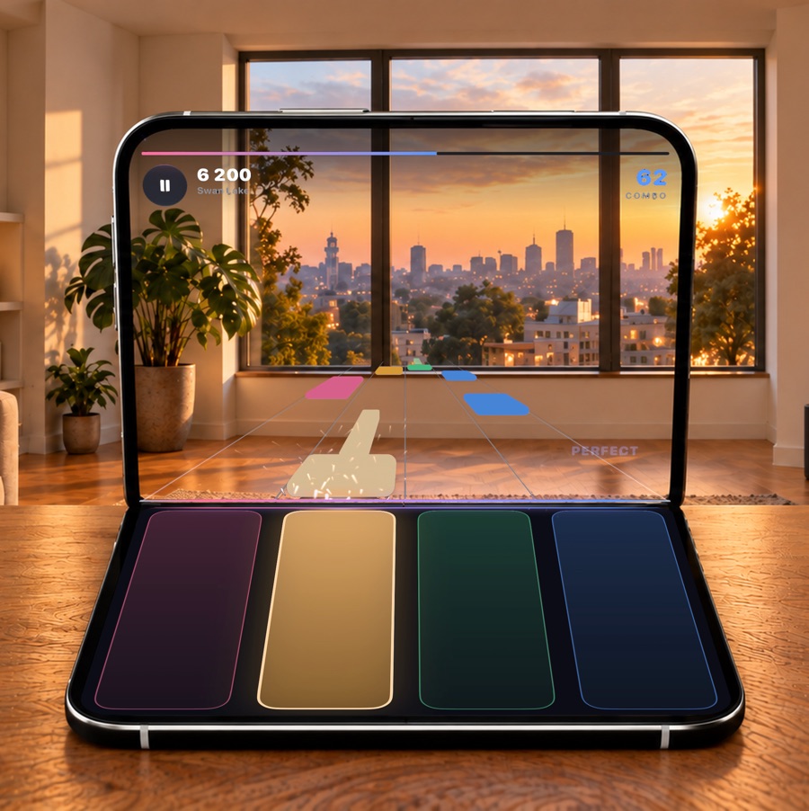 The tiles flowing through a living room at sunset, a city skyline beyond the window
